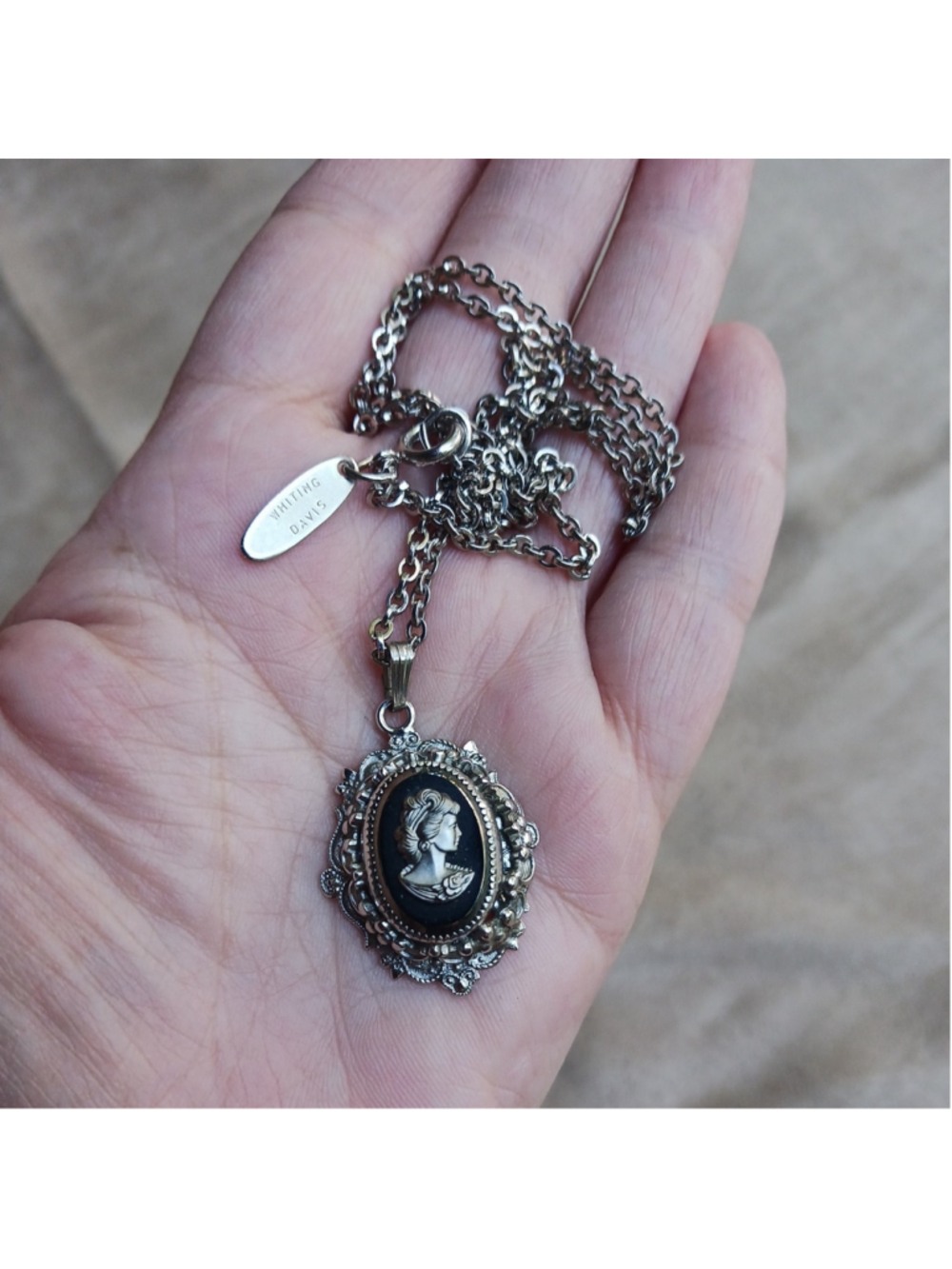 VTG Whiting & Davis Cameo Pendant Brooch Necklace Silver Tone Whimsigoth